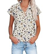 HOTOUCH Womens Linen Button Down Shirt Casual V Neck Cap Sleeve Blouses Summer Cotton Collared To...
