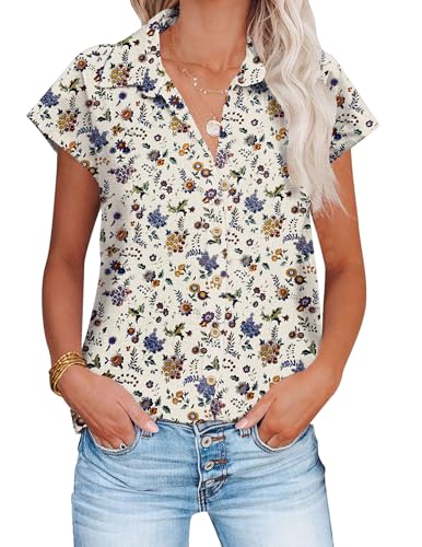 HOTOUCH Women Hawaiian Floral Shirt Soft Summer Camp Blouses Beach Tropic Print V Neck Button Up Tops Flower Short Sleeve Tops