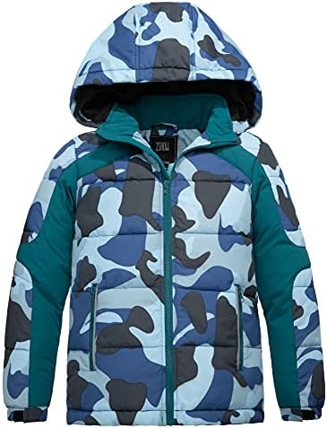 ZSHOW Boys' Light Puffer Jacket Hooded Fleece Lined Outerwear Coat(Blue Camouflage,14-16)