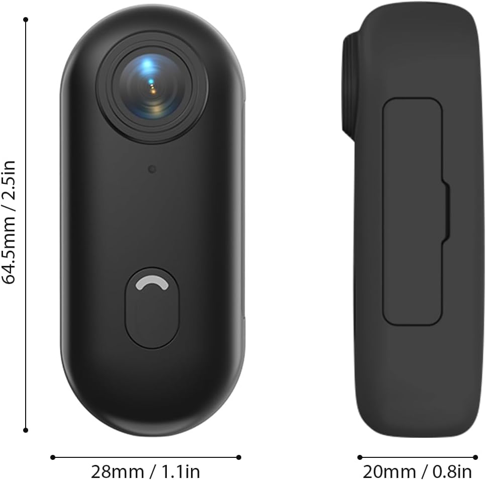 Image showing the dimensions of the Andoer Tiny Action Camera: 64.5mm/2.5in length, 28mm/1.1in width, and 20mm/0.8in thickness.