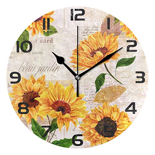 Welllee Vibrant Yellow Sunflower Clock Painted Silent Non-Ticking Round Wall Clock Home Art Bedroom Living Dorm Room Decor #TOP14