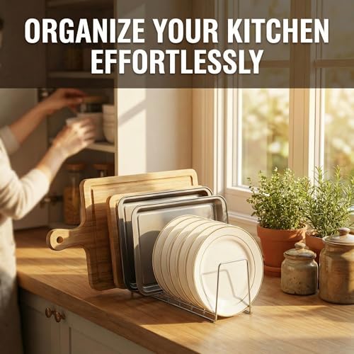Image of Kitchen Organizer Metal Dish Rack Cutting Board Holder Stand for Countertop or Inside Cabinet Organization, 8 Slot Cutting Board Plate Drying Rack for Bakeware Storage SLIVER