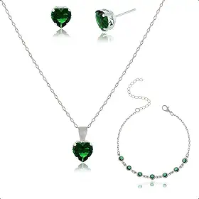 Kit Semijoia Banhado Prata 925 com Pulseira, Colar e Brinco Coração Verde Esmeralda
