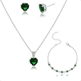 Kit Semijoia Banhado Prata 925 com Pulseira, Colar e Brinco Coração Verde Esmeralda