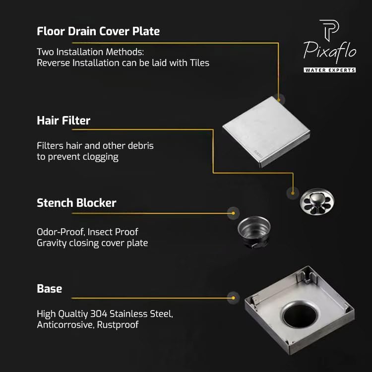 Image of Pixaflo Square Tile Insert Floor Drain | 5 x 5 Inches | 304 Stainless Steel | Invisible Shower Drain Channel | Waste Water Floor Drain for 13mm Tile | Drainer Channel | Anti Cockroach Trap | Silver