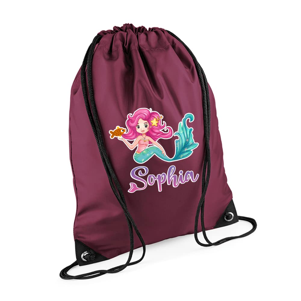 Mermaid Girl Gift Bag Personalised Backpack Mermaid Bag Gift for Kids-Girl Toddlers Birthday Girl Drawstring Bag, PE Gym Kit Swimming, Sport Rucksack. (Burgundy)