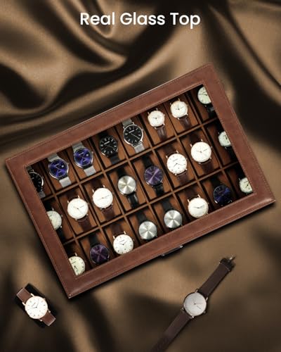 Image of Uten 24-Slot Watch Box, PU Leather Watch Case with Glass Lid, Watch Holder Organizer with Soft Pillow and Velvet Lining, Watch and Jewelry Storage Box, Brown
