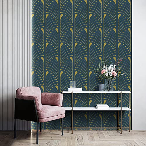 Peel And Stick Wallpaper Gold And Blue Wallpaper Stripe Contact Paper Geometric Removable Self Adhesive Wallpaper For Walls Bedroom Home Decoration Vinyl Rolls 17.3''X118.1'' #TOP6