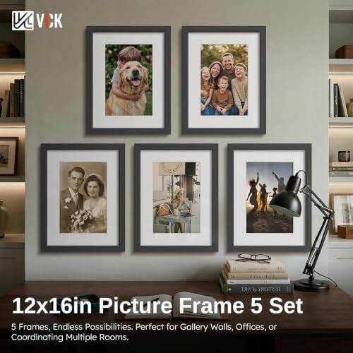 Image of VCK 12x16 Frame 5 Pack, Black Wood, 8x12 Mat, Glass, for Picture Prints