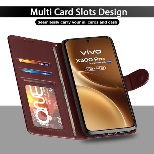 Image of Amazon Basics Flip Cover for Vivo X300 Pro 5G Leather Finish | Wallet Stand and Shock Proof | Inside TPU with Card Pockets | Complete Protection Flip Case (Brown)