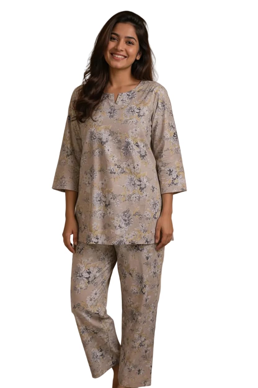 Women's Floral Print Cotton Night Suit, Multicolour, Regular Fit, 3/4 Sleeve, 2-Piece Sleepwear Set-picture-22