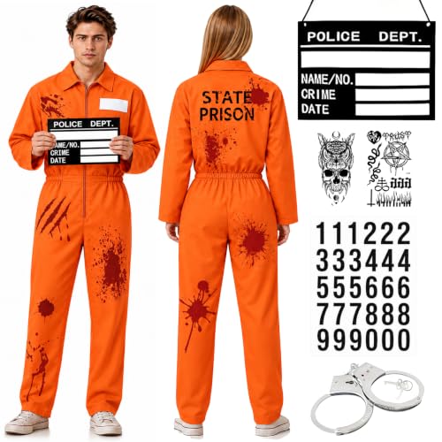 Häftling Kostüm Herren,Sträfling Kostüm Herren Damen,Gefängnis Kostüm Orange,Knast Kostüm mit Namensschild und Handschellen, Prisoner Costume,für Erwachsene Cosplay Karneval Mottoparty