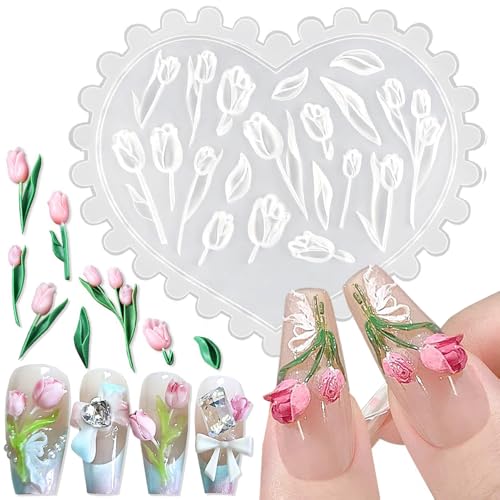 Tulip Nail Silicone Mold 3D Gel Nail Art Mold Flower Charms Resin Molds Tulips Silicone Molds 3D Flowers for Nails Charms Flower Nails Design Carving Stencils Women Manicure Decor Floral Carved Mould