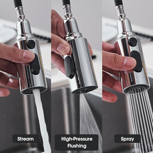 CLOVERMAP Pull Down Kitchen Faucet Sprayer Head Replacement, 3 Function Kitchen Sink Spary Head Nozzle, Pull Out Kitchen Tap Spray Spout Part Connector with 9 Adapters, Chrome