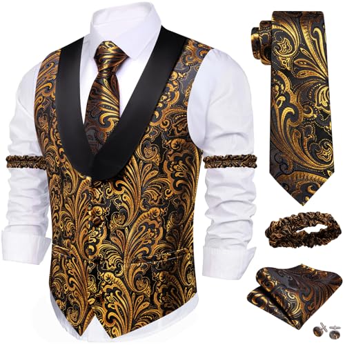 Image of Barry.Wang Mens Silk Lapel /Shawl Collar Vest Tie Sleeve Holder Set Formal /Casual Paisley Vests Wedding Tuxedo Waistcoat
