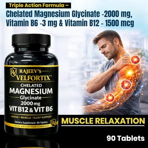 Image of Rajeev's Velfortix Chelated Magnesium Glycinate 2000 mg with Vitamin B12 & B6 | High Absorption Formula | Nerve, Muscle & Sleep Support | 90 Tablets