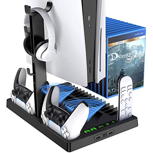 PS5 Stand with Cooling Fan and Headset Holder for PS5 Console/ PS5 Digital Edition/ PS5 Ultra HD,Dual PS5 Controller Charger Station,Touch Screen Indicator,15 Game Slots