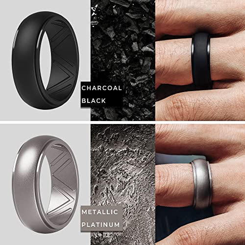 ThunderFit Men's Silicone Wedding Rings, Step Edge Breathable Rubber Engagement Bands 8.7mm Wide 2.5mm Thick - 1/4/7 Variety Multipack (Black, Dark Grey, Silver, Brass, 6.5-7 (17.35mm)) - Thumbnail 2