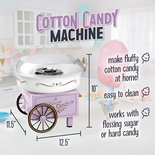 Image of Nostalgia Vintage Hard and Sugar Free Candy Countertop Cotton Candy Maker, Includes 2 Reusable Cones And Sugar Scoop - Lavander