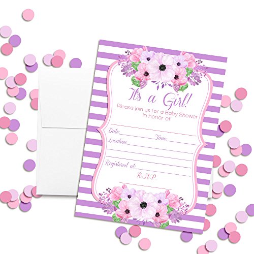 Amanda Creation Pink & Purple Watercolor Floral Baby Girl Shower Fill In Invitations, Set Of 20 Including Envelopes #TOP1