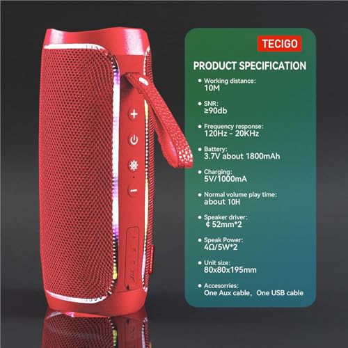 TECIGO Portable Bluetooth Speakers Long-Lasting Wireless Bluetooth Speaker with Bluetooth 5.3 Technology All-Around Wireless Speaker Black (Red) — view 3