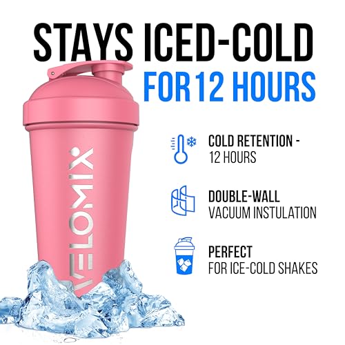 Image of VELOMIX 24 oz Stainless Steel Shaker Bottle with Wire Whisk - Leakproof, No Clumps, Odor Resistant Metal Shaker Bottle, Shaker Cups for Protein Shakes, Pre Workout and Smoothie (Pink)