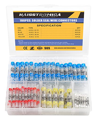 haisstronica 180PCS Solder Seal Wire Connectors-Waterproof Solder Wire Connectors kit-Heat Shrink Butt Connectors for Marine,Watercraft,Electrical,Electronics,Aircraft,Boat,Truck,Stereo,Joint