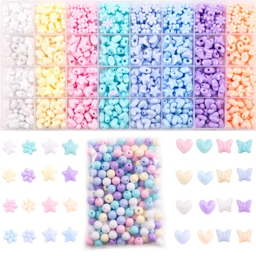 Gxueshan 840Pcs Star Heart Kandi Acrylic Blue Pink White Mix Cute Pastel Circle Loose Spacer Assorted Colorful Shape Bow Heishi Beads Bulk for Friendship Rainbow Bracelets and Jewelry Making Kit