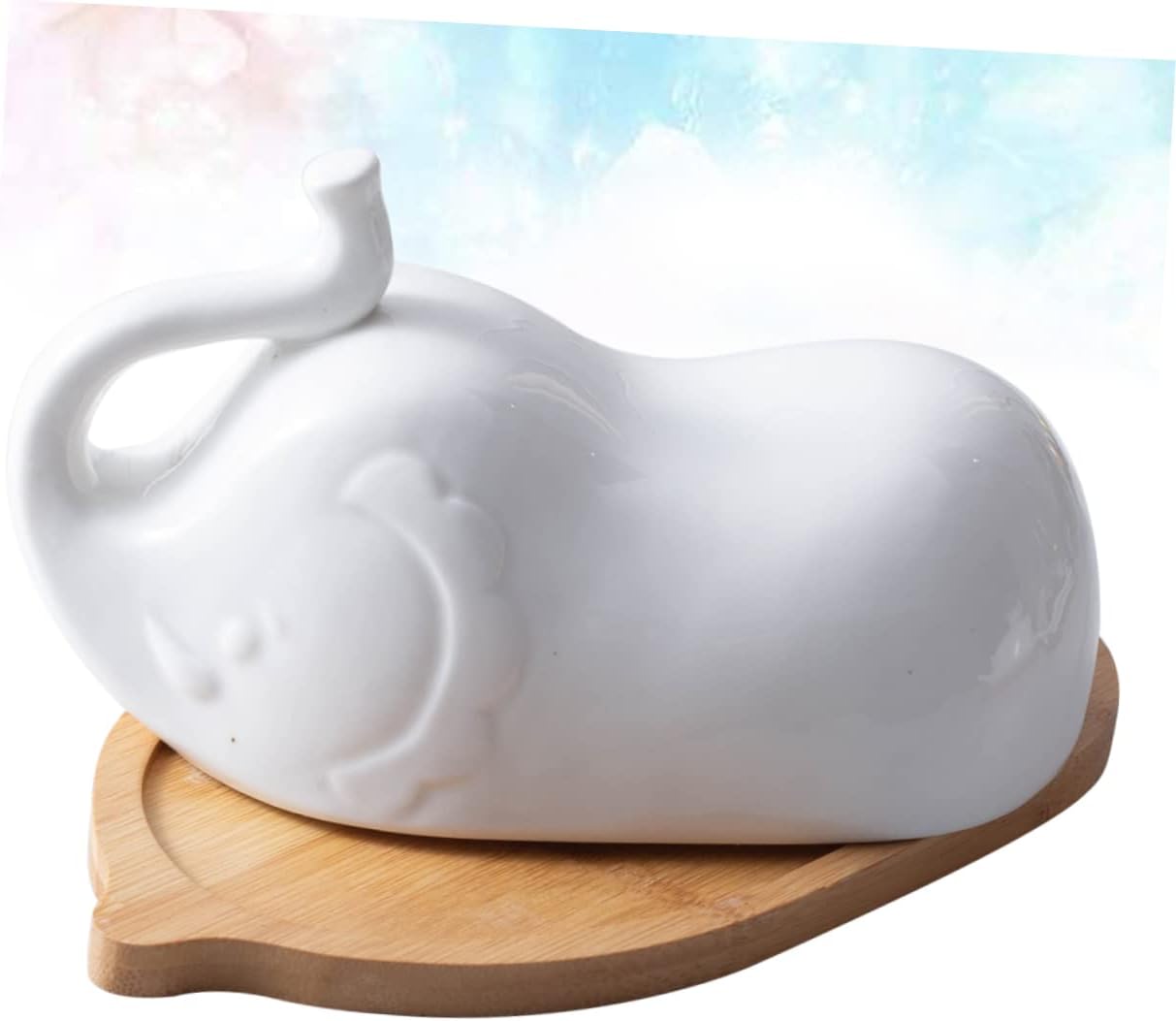 Elephant Shape Butter Dish with Ceramic Lid and Detachable Wooden Plate Household Tableware for Use Microwave Safe Easy to Clean
