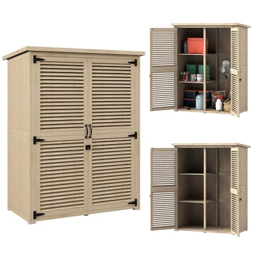 Outsunny Cobertizo de Madera 0,83 m² 127x65x168 cm Armario de Exterior de Madera con 2 Puertas de Persiana 2 Estantes 2 Asas y Techo Impermeable para Jardín Natural