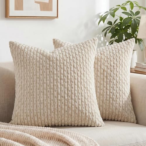 Fancy Homi 2 Packs Tan Decorative Throw Pillow Covers 20x20 Inch for Couch Bed Sofa, Modern Farmhouse Boho Home Decor, Soft Cute Plush Corduroy Beige Cushion Case 50x50 CM