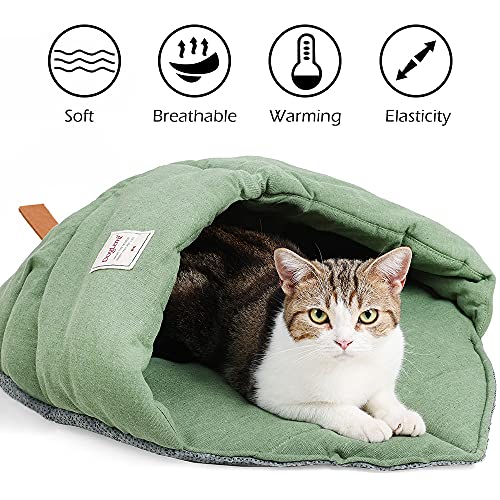 TANGN-Cat-Sleeping-Bag-Linen-Fabric-Bed-Cave-Leaf-Nest-Pet-Cuddle-Zone-Covered-Hide-Hood-Burrowing-Cozy-Soft-Durable-Washable-with-Non-Slip-Bottom-for-Indoor-Puppy-and-Kitten-Green-PD50082
