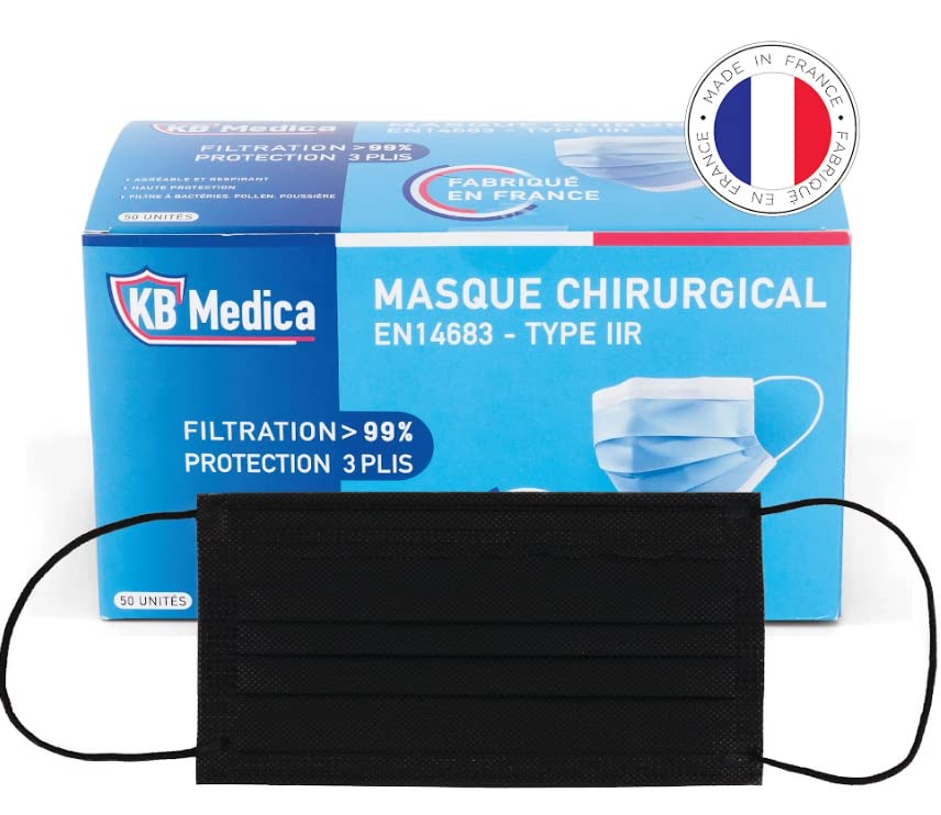 KB MEDICA - Masques Chirurgicaux Médical - Type 2R IIR - Fabriqués En France - Boîte De 50 Masques - Jetables - Noir