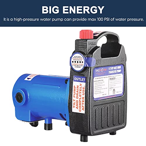 Image of TecHome 1 /2 HP Cast Iron Transfer Pump, 120V 1560GPH Water Pump, High Pressure Transfer Pump with Suction Strainer and Brass Connectors.