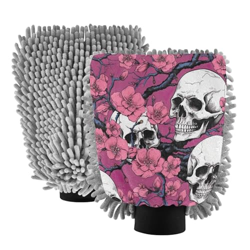 Flradish 2 Pack Skull and Flowers Car Wash Mitt Chenille Microfiber Lint-Free Scratch Free Ultra-Soft Absorbent Car Wash Mitt 10.2x7.09 Inch