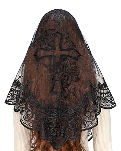 Bozidol White Triangle Veil -Lace Mantilla Catholic Church Chapel Veil Head Covering Latin Mass For Women -  FZAC1212337-03-black