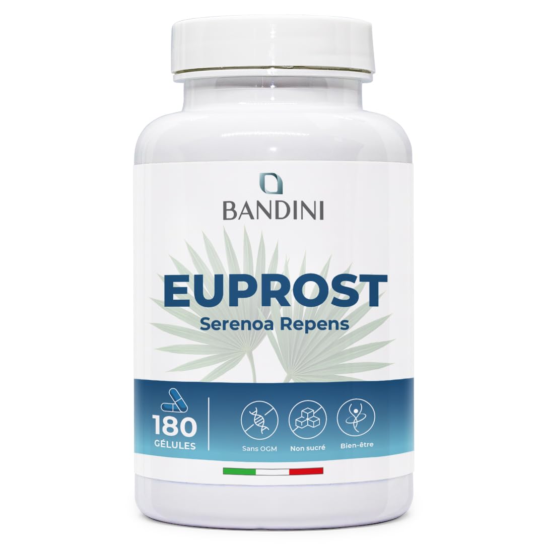 Bandini® Euprost Serenoa Repens 180 gélules | Palmier nain (Saw Palmetto), Graines de Courge, Ortie, Zinc, Vitamine D3 & B6 | Confort Urinaire hommes | Extrait 20:1 standardisé à 30% en acides gras