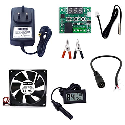 Image of Shockley Combo of XH-W1209 50~100 digital temperature controller thermostat with 3inch fan + 12v 2amp adapter + alligator clip + DC Female Jack + Hygrometer FY-11