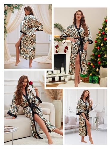 Artfasion Floral Silk Women Robe: Satin Long Bathrobes Kimono Silky House Coat Lightweight Bath Robe with Belt for Female Bride Bridesmaid Gift Home Spa Travel Large/X-Large - Thumbnail 5