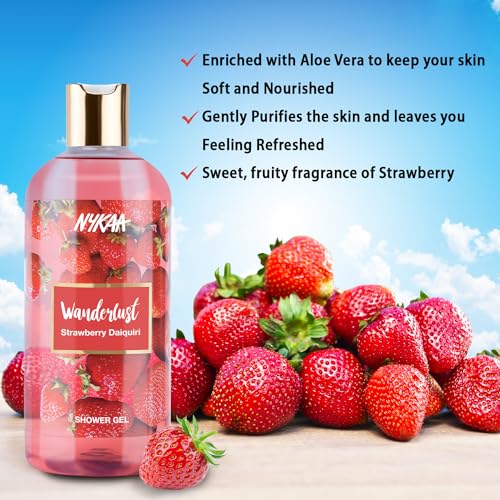 Image of Wanderlust Strawberry Daiquiri Shower Gel, 250 ml| Nourishes & Hydrates| Gentle Cleanser| Sweet Smell of Strawberry |Enriched With Aloe Vera| Paraben-Free, Vegan Formula| Suitable for All Skin Types | Nourishes & Hydrates, Enriched With Aloe Vera, Paraben-Free, Vegan Formula, Suitable for All Skin Types
