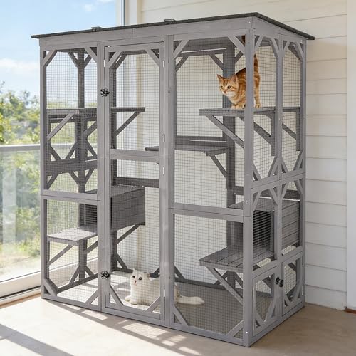 Image of 71.1'' Large Outdoor Cat Catio Enclosure, Multi-Level Cat House with Platforms & Resting House, Weatherproof Solid Fir Wood Cat Patio with Asphalt Roof, for Indoor-Outdoor Access, Fit 2-6 Cats, Grey