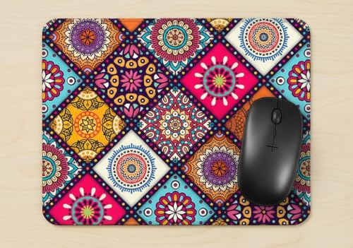 Image of Shivor Artistic Mandala Mouse Mat | Pink and Blue Floral Printed Desk Pad | Smooth Cloth Surface| Non Slip Heat Resistant Rubber Base | Durable Stitched Edges | Square Size for Laptop Desktop Use
