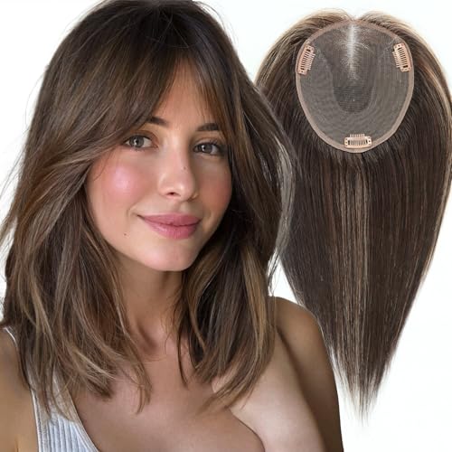 starluck 6x5 inch Large Swiss Base SilkHug 14 Inch Real Human Hair Toppers,60 Gram, 100% Real Human Hair Toppers for Women with thinning (Dark Brown with Blonde Highlights, No Bangs) 1B/2/6/16#