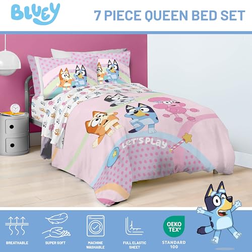 Image of Bluey Bingo Queen Comforter Set 7 Piece Kids Bedding for Girls, Pink | Bed in a Bag, Comforter Sheets Shams Pillowcases, Official Brand, Soft Microfiber, Machine Washable, Girls Gift