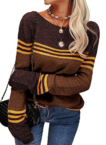 Image of Danedvi Womens Fall Fashion 2026 Sweaters Colorblock Lightweight Striped Crewneck Winter Trendy Pullover Tops