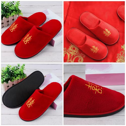 LOGOFUN Chinese Wedding Slippers Plush Home Slippers Slippers Printed with Traditional Chinese Happy Characters for Wife Husband Indoor Shoes - Red3