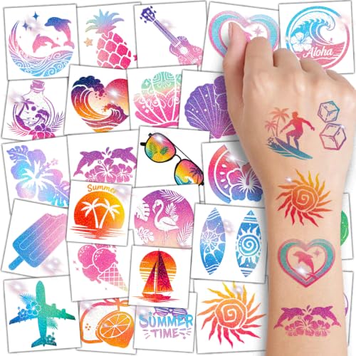 CHARLENT Glitter Summer Hawaiian Temporary Tattoos for Kids