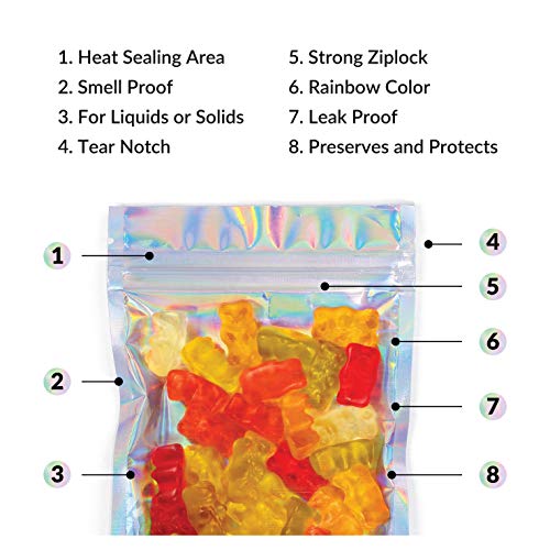Mylar Bags With Ziplock 4 X 6" | 100 Bags | Rainbow Holographic | Sealable Heat Seal Bags For Candy And Food Packaging, Medications And Vitamins | For Liquid And Solids (4" X 6") #TOP1