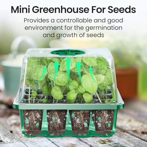 MIXC Seed Starter Tray with Grow Light, 4 Packs Seed Starter Kit with Adjustable Brightness Timing Controller, Seedling Starter Trays with Heightened Lids Mini Greenhouse for Seed Staring(Green)