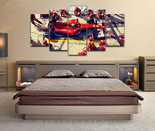 Voiture de course et moto tableau 5 panneaux pour décoration garage et maison
